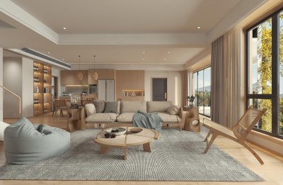 现代原木风别墅客餐厅3D模型下载